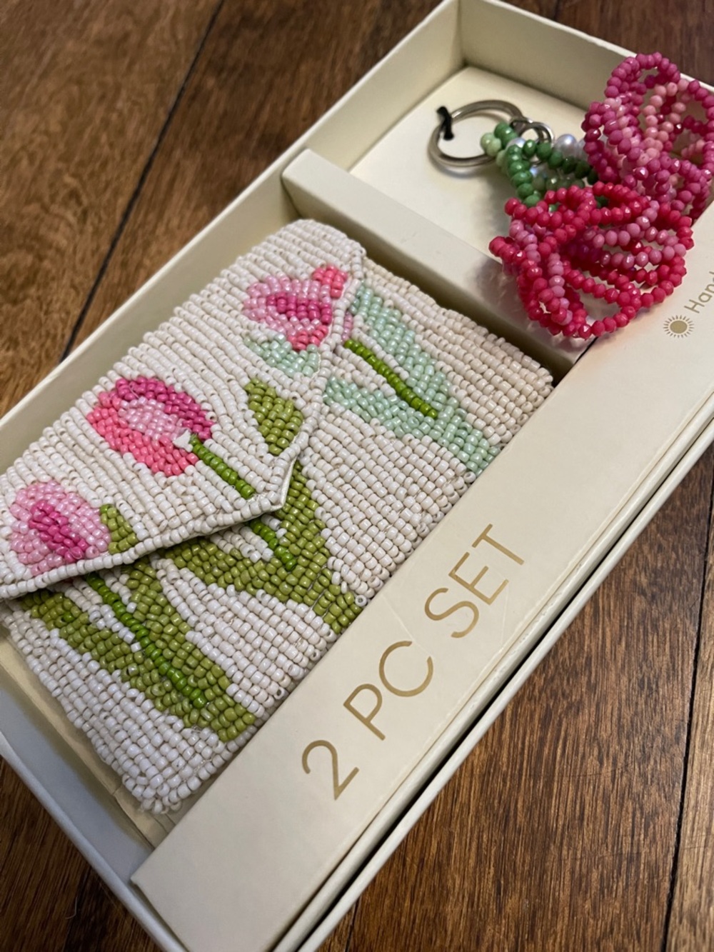 New Beaded Tulip Card Holder & flower Keychain Set - Pink/Green